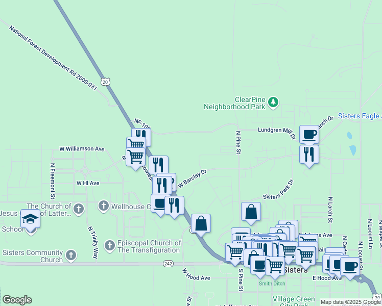 map of restaurants, bars, coffee shops, grocery stores, and more near National Forest Development Road 100 in Sisters