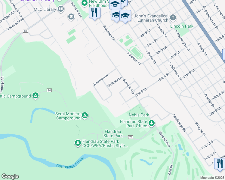 map of restaurants, bars, coffee shops, grocery stores, and more near 21 McIntosh Drive in New Ulm