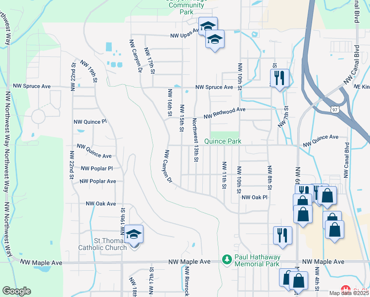 map of restaurants, bars, coffee shops, grocery stores, and more near 2352 Northwest 15th Street in Redmond
