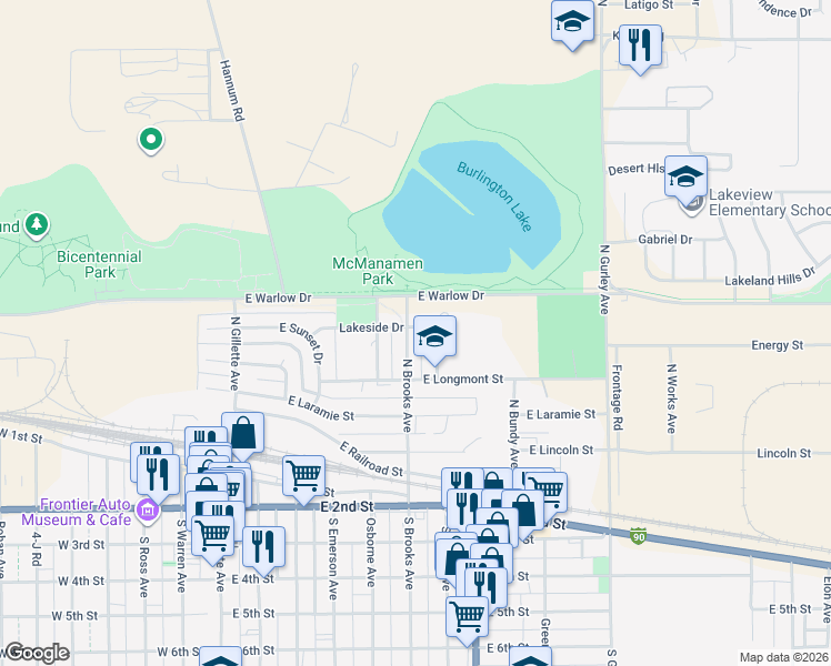 map of restaurants, bars, coffee shops, grocery stores, and more near 600-698 Lakeside Dr in Gillette