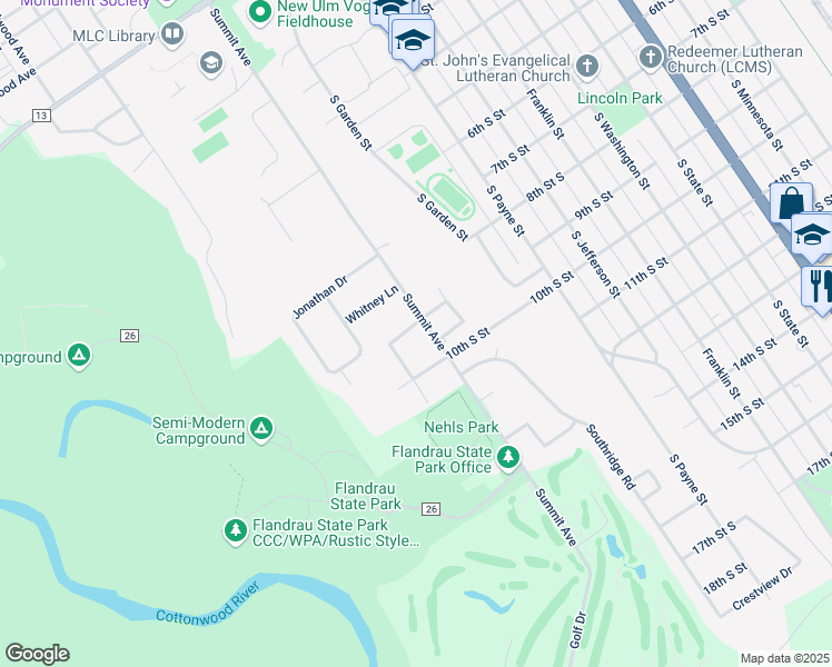 map of restaurants, bars, coffee shops, grocery stores, and more near 20 Roslyn Road in New Ulm