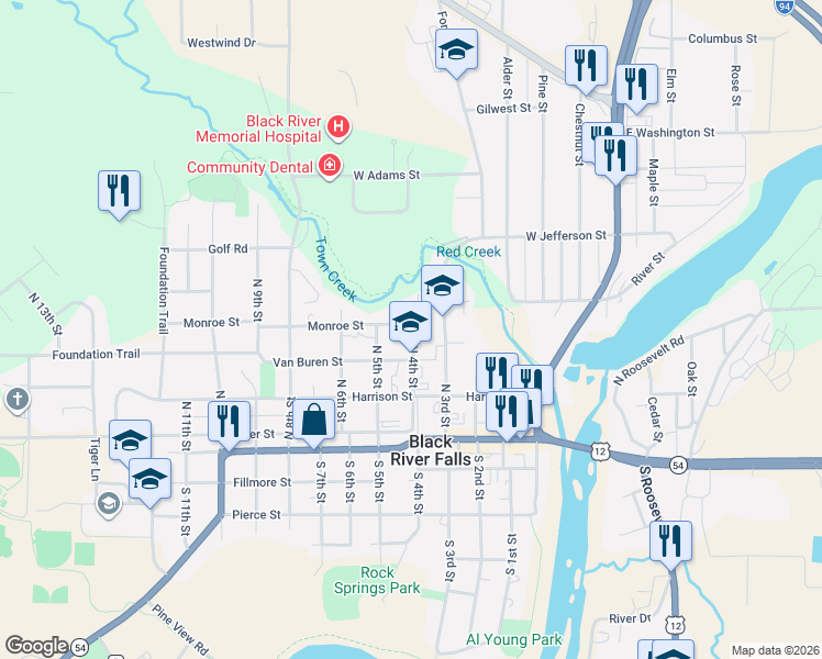 map of restaurants, bars, coffee shops, grocery stores, and more near 322 Monroe Street in Black River Falls