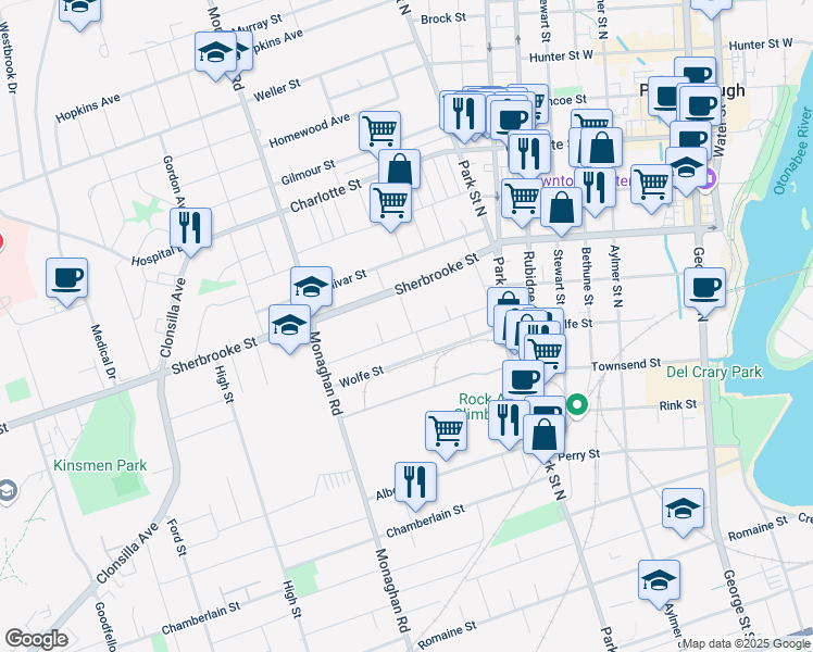 map of restaurants, bars, coffee shops, grocery stores, and more near 195 Rutherford Avenue in Peterborough