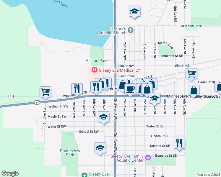 map of restaurants, bars, coffee shops, grocery stores, and more near in Sleepy Eye