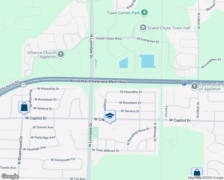 map of restaurants, bars, coffee shops, grocery stores, and more near 2406 West Hiawatha Drive in Appleton