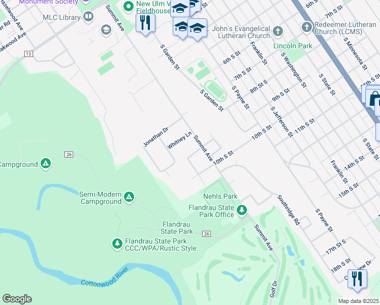 map of restaurants, bars, coffee shops, grocery stores, and more near 20 Roslyn Road in New Ulm