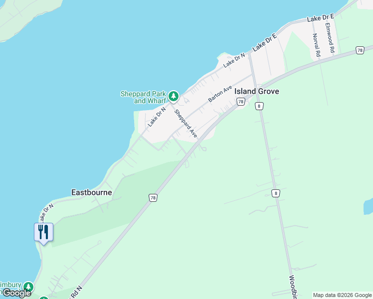 map of restaurants, bars, coffee shops, grocery stores, and more near 970 Metro Road North in Georgina