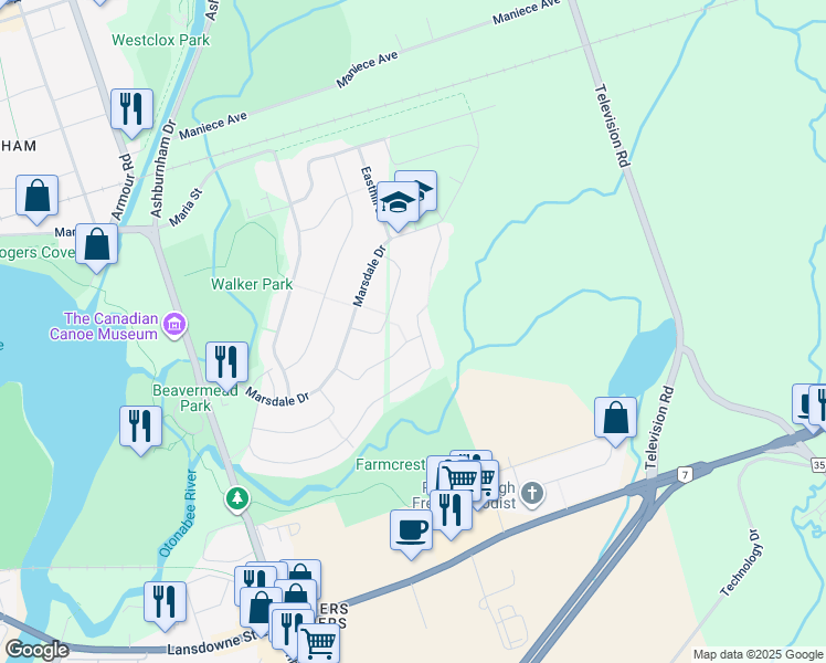 map of restaurants, bars, coffee shops, grocery stores, and more near 1983 Glenmead Road in Peterborough