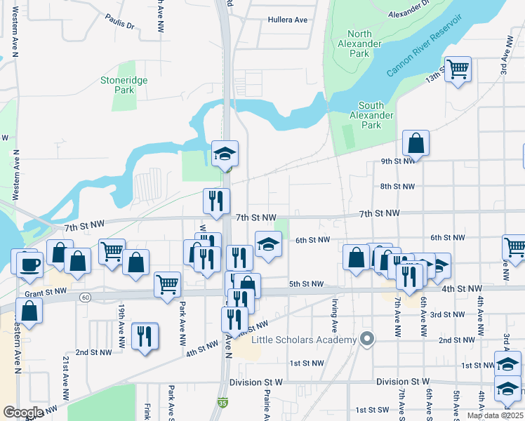 map of restaurants, bars, coffee shops, grocery stores, and more near 1308 7th Street Northwest in Faribault