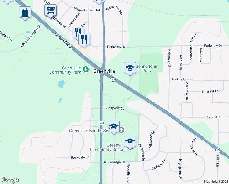 map of restaurants, bars, coffee shops, grocery stores, and more near W6683 Greenville Drive in Greenville
