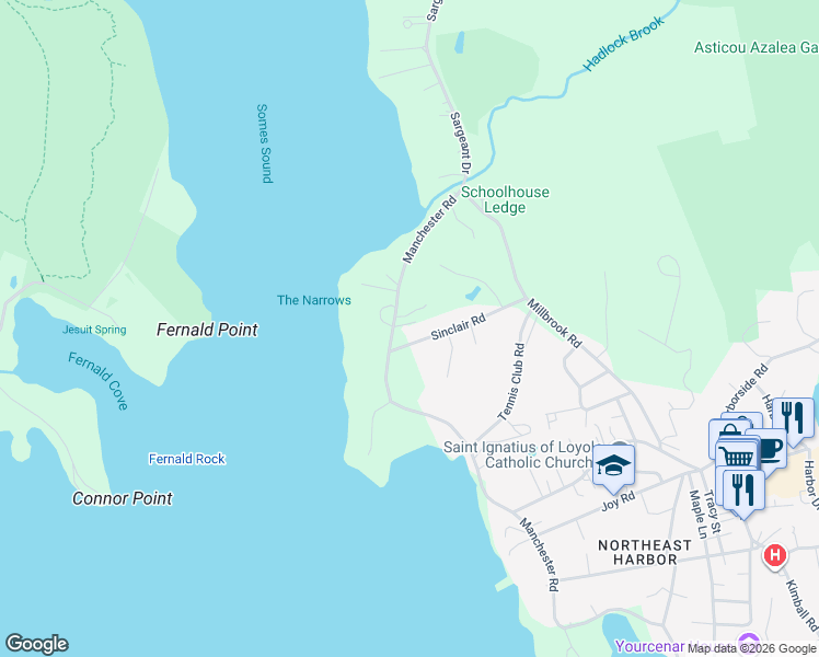 map of restaurants, bars, coffee shops, grocery stores, and more near 78 Manchester Road in Mount Desert