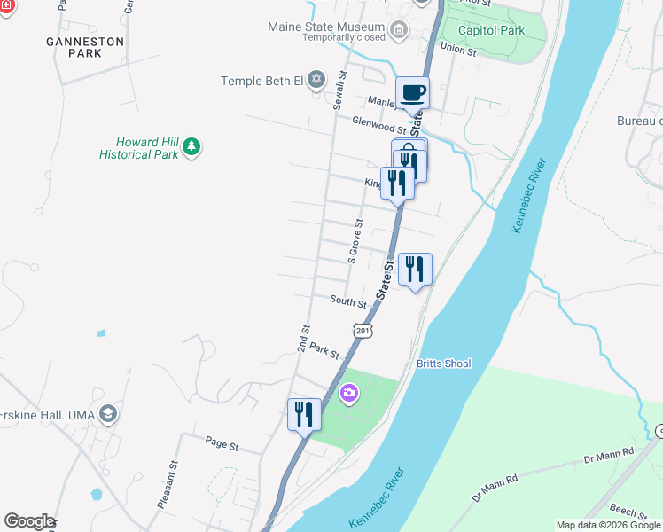map of restaurants, bars, coffee shops, grocery stores, and more near 7 Maine Street in Augusta