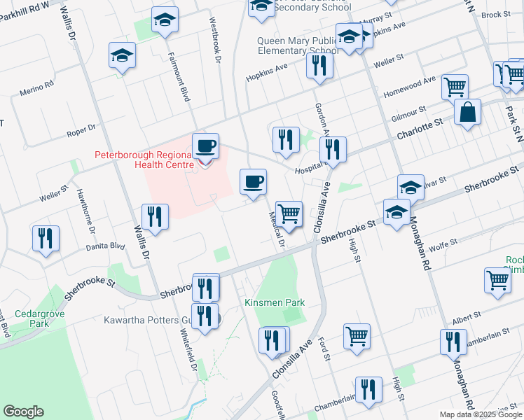 map of restaurants, bars, coffee shops, grocery stores, and more near in Peterborough