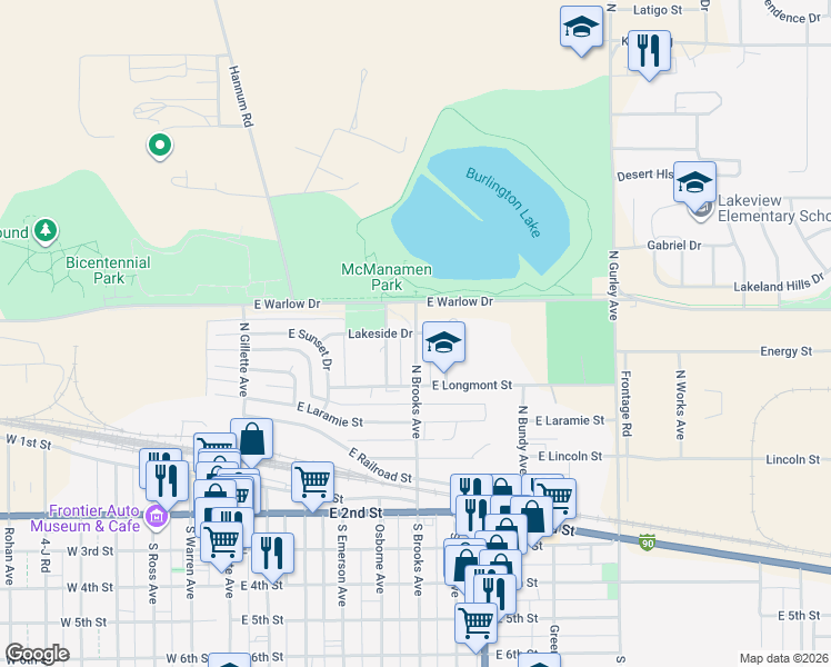 map of restaurants, bars, coffee shops, grocery stores, and more near 600 Lakeside Drive in Gillette