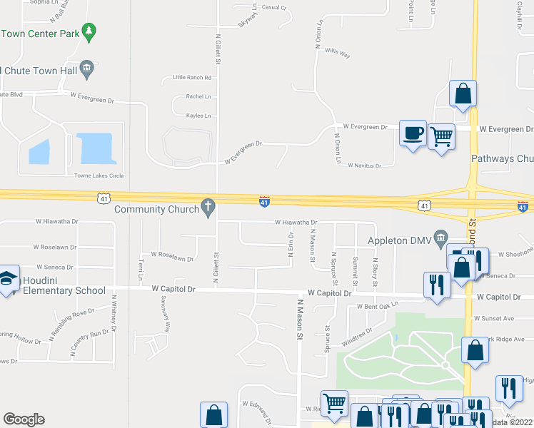 map of restaurants, bars, coffee shops, grocery stores, and more near 1374 West Hiawatha Drive in Appleton