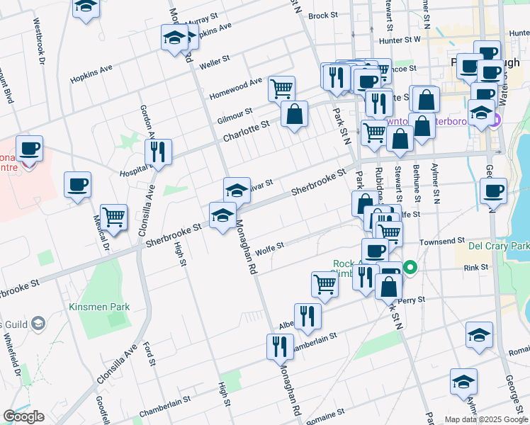 map of restaurants, bars, coffee shops, grocery stores, and more near in Peterborough