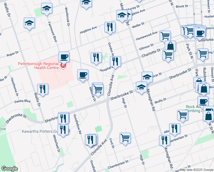 map of restaurants, bars, coffee shops, grocery stores, and more near 1262 Clonsilla Avenue in Peterborough