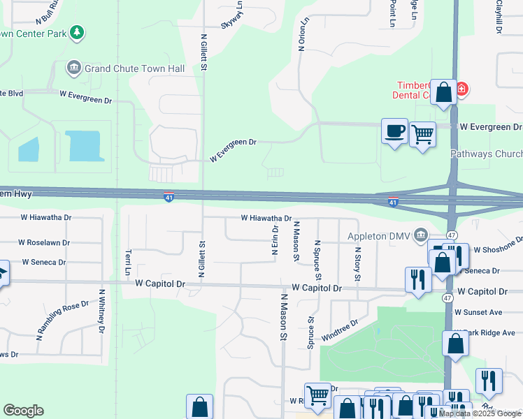 map of restaurants, bars, coffee shops, grocery stores, and more near 1330 West Hiawatha Drive in Appleton