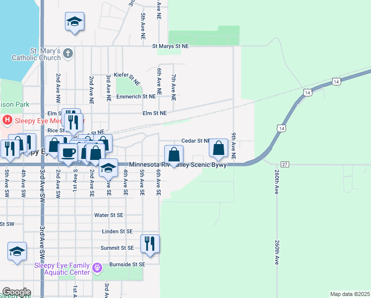map of restaurants, bars, coffee shops, grocery stores, and more near 800 Main Street East in Sleepy Eye
