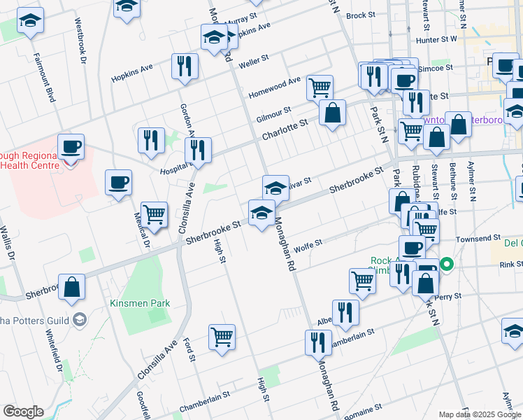 map of restaurants, bars, coffee shops, grocery stores, and more near in Peterborough