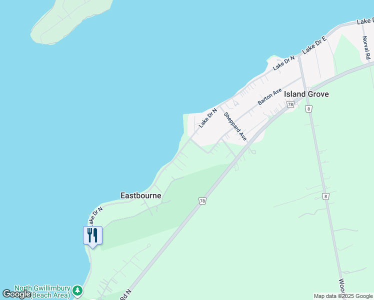map of restaurants, bars, coffee shops, grocery stores, and more near 933 Lake Drive North in Georgina