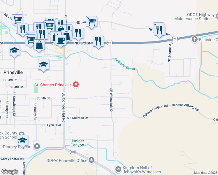 map of restaurants, bars, coffee shops, grocery stores, and more near 459 Southeast Willowdale Drive in Prineville