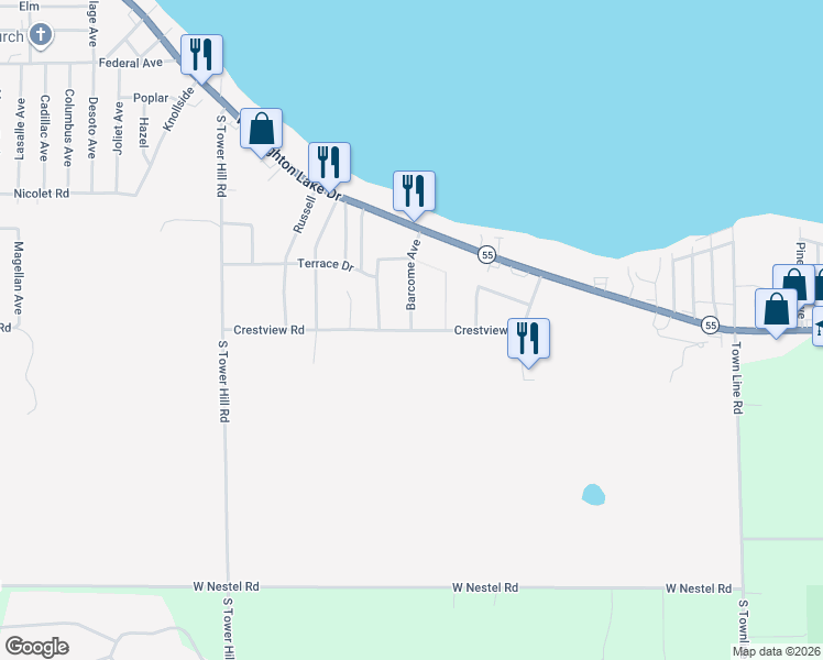 map of restaurants, bars, coffee shops, grocery stores, and more near 398 Crestview in Roscommon Township