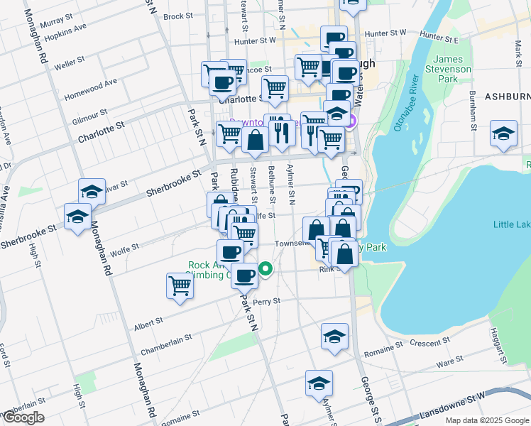 map of restaurants, bars, coffee shops, grocery stores, and more near 266 Wolfe Street in Peterborough