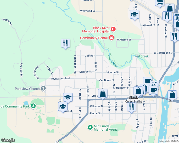 map of restaurants, bars, coffee shops, grocery stores, and more near 924 Monroe Street in Black River Falls
