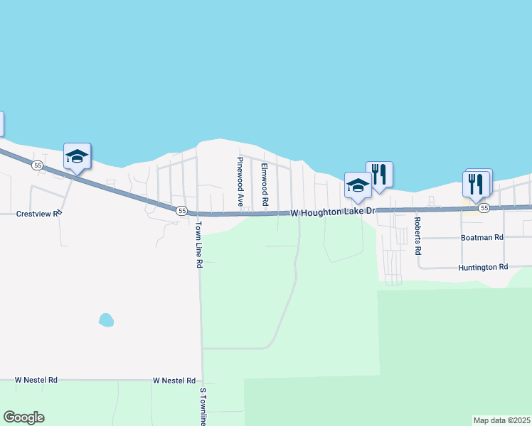 map of restaurants, bars, coffee shops, grocery stores, and more near 100 Twin Elm Avenue in Houghton Lake