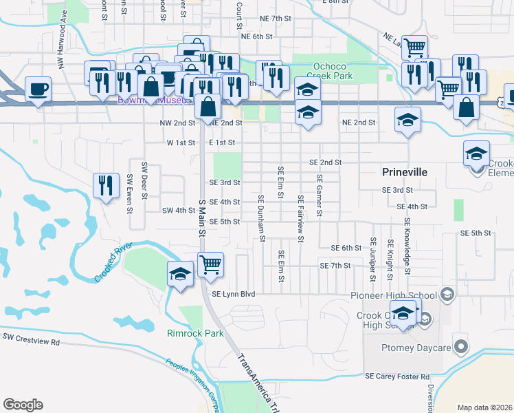 map of restaurants, bars, coffee shops, grocery stores, and more near 480 Southeast Dunham Street in Prineville