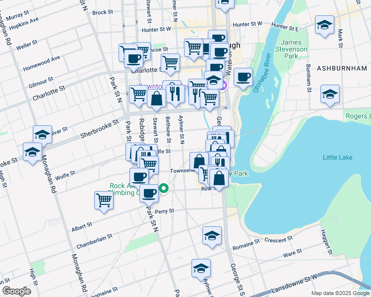 map of restaurants, bars, coffee shops, grocery stores, and more near in Peterborough