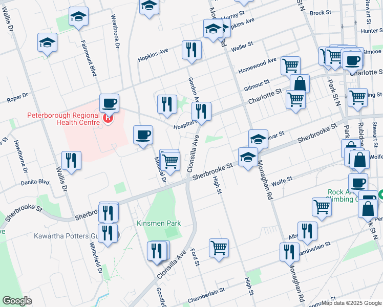 map of restaurants, bars, coffee shops, grocery stores, and more near 1262 Clonsilla Avenue in Peterborough