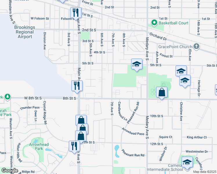 map of restaurants, bars, coffee shops, grocery stores, and more near 705 6th Avenue South in Brookings