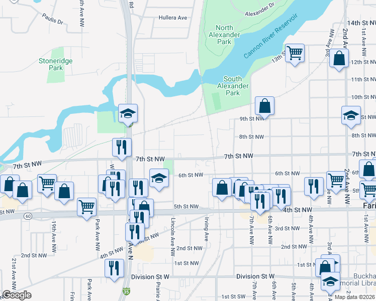 map of restaurants, bars, coffee shops, grocery stores, and more near 1112 7th Street Northwest in Faribault