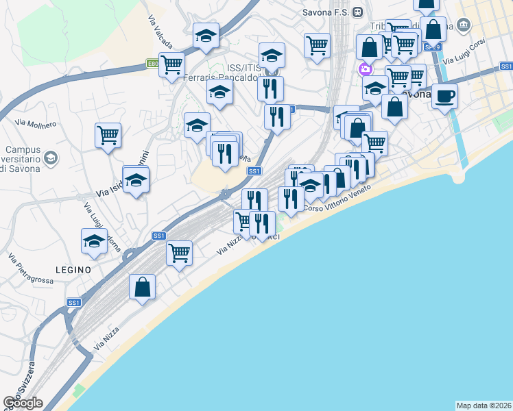 map of restaurants, bars, coffee shops, grocery stores, and more near in Province of Savona