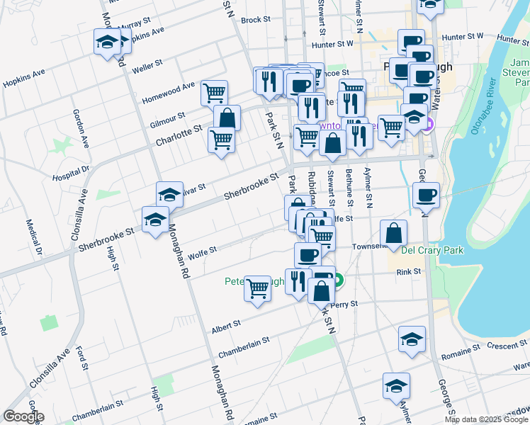map of restaurants, bars, coffee shops, grocery stores, and more near 476 Paterson Street in Peterborough