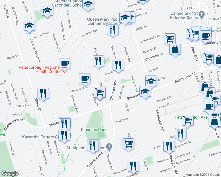 map of restaurants, bars, coffee shops, grocery stores, and more near 1262 Clonsilla Avenue in Peterborough