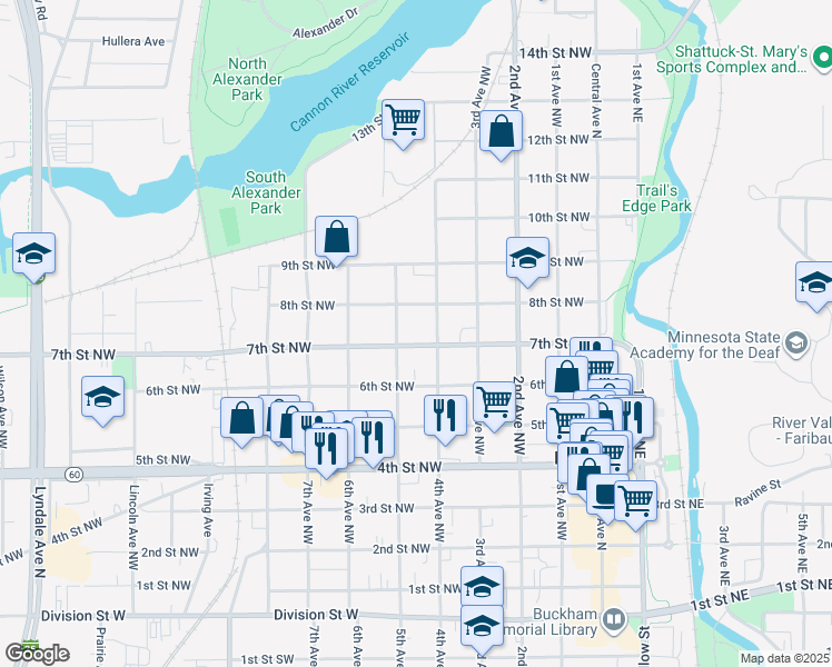 map of restaurants, bars, coffee shops, grocery stores, and more near 427 7th Street Northwest in Faribault