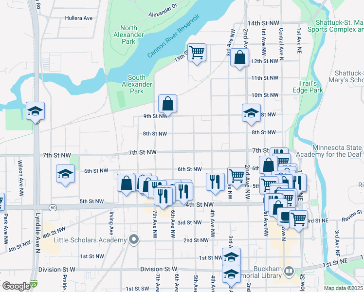 map of restaurants, bars, coffee shops, grocery stores, and more near 523 7th Street Northwest in Faribault