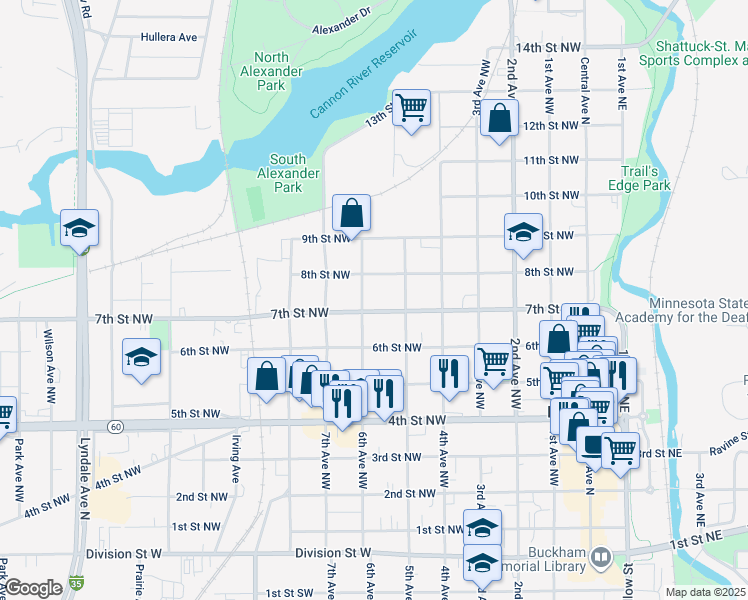 map of restaurants, bars, coffee shops, grocery stores, and more near 523 7th Street Northwest in Faribault