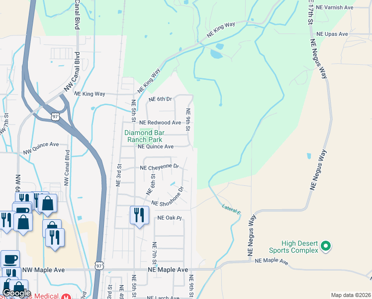map of restaurants, bars, coffee shops, grocery stores, and more near 865 Northeast Shoshone Drive in Redmond