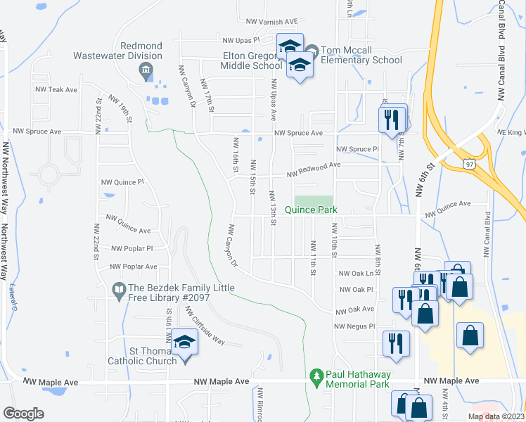 map of restaurants, bars, coffee shops, grocery stores, and more near 1333 Northwest Quince Avenue in Redmond