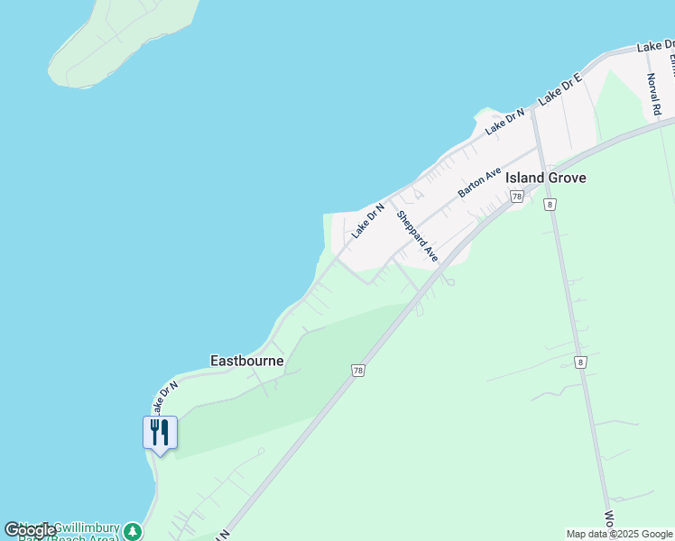 map of restaurants, bars, coffee shops, grocery stores, and more near 933 Lake Drive in Georgina