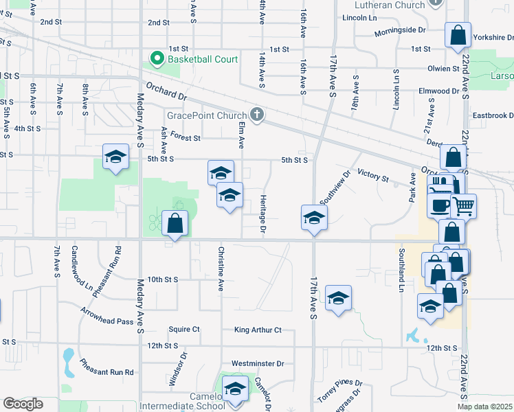 map of restaurants, bars, coffee shops, grocery stores, and more near 703 Elm Avenue in Brookings