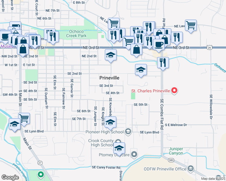 map of restaurants, bars, coffee shops, grocery stores, and more near 1151 Southeast 4th Street in Prineville