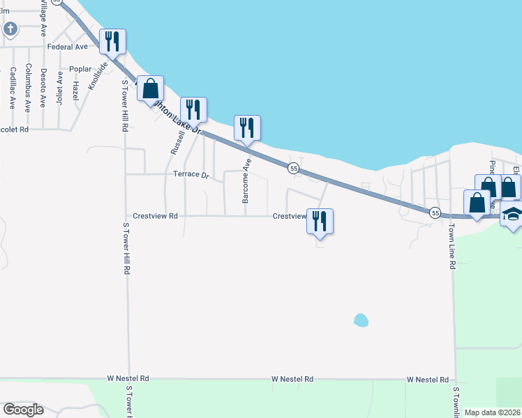 map of restaurants, bars, coffee shops, grocery stores, and more near 300-398 Crestview in Roscommon Township
