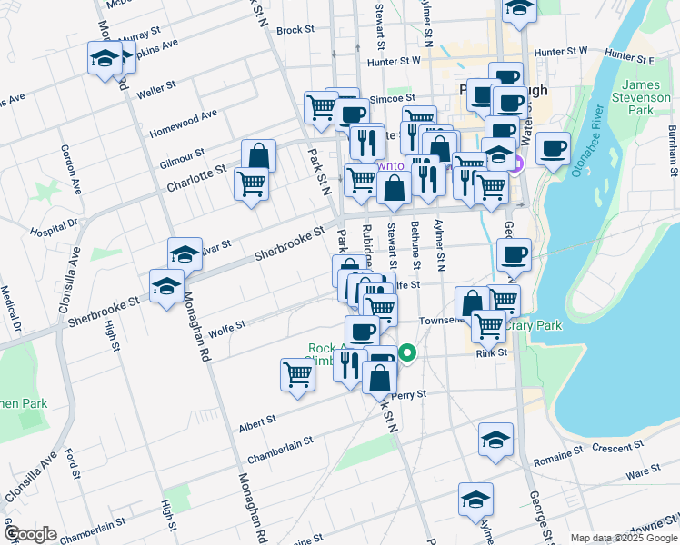 map of restaurants, bars, coffee shops, grocery stores, and more near 183 Park Street North in Peterborough