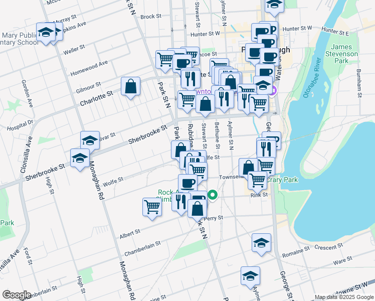 map of restaurants, bars, coffee shops, grocery stores, and more near 173 Rubidge Street in Peterborough