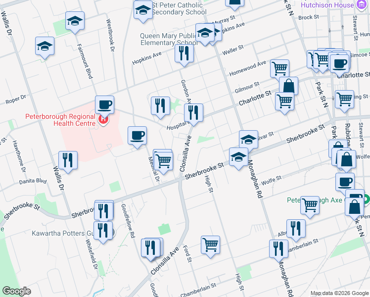 map of restaurants, bars, coffee shops, grocery stores, and more near 1262 Clonsilla Avenue in Peterborough